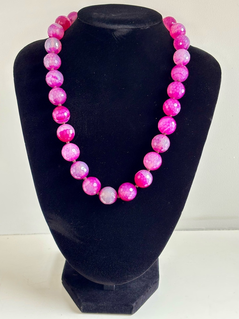 Hot Pink Faceted Agate Beaded Necklace with Silver-Tone Clasp Handknotted
